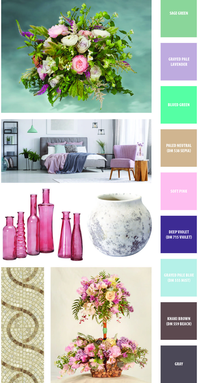 Ethereal Bliss: Containers Flowers and Colors, Sage Green, Grayed Pale Lavender, Blued Green, Paled Neutral DM538 Sepia, Soft Pink, Deep Violet DM715 Violet, Grayed Pale Blue DM555 Mist, Khaki Brown DM559 Beach, Gray