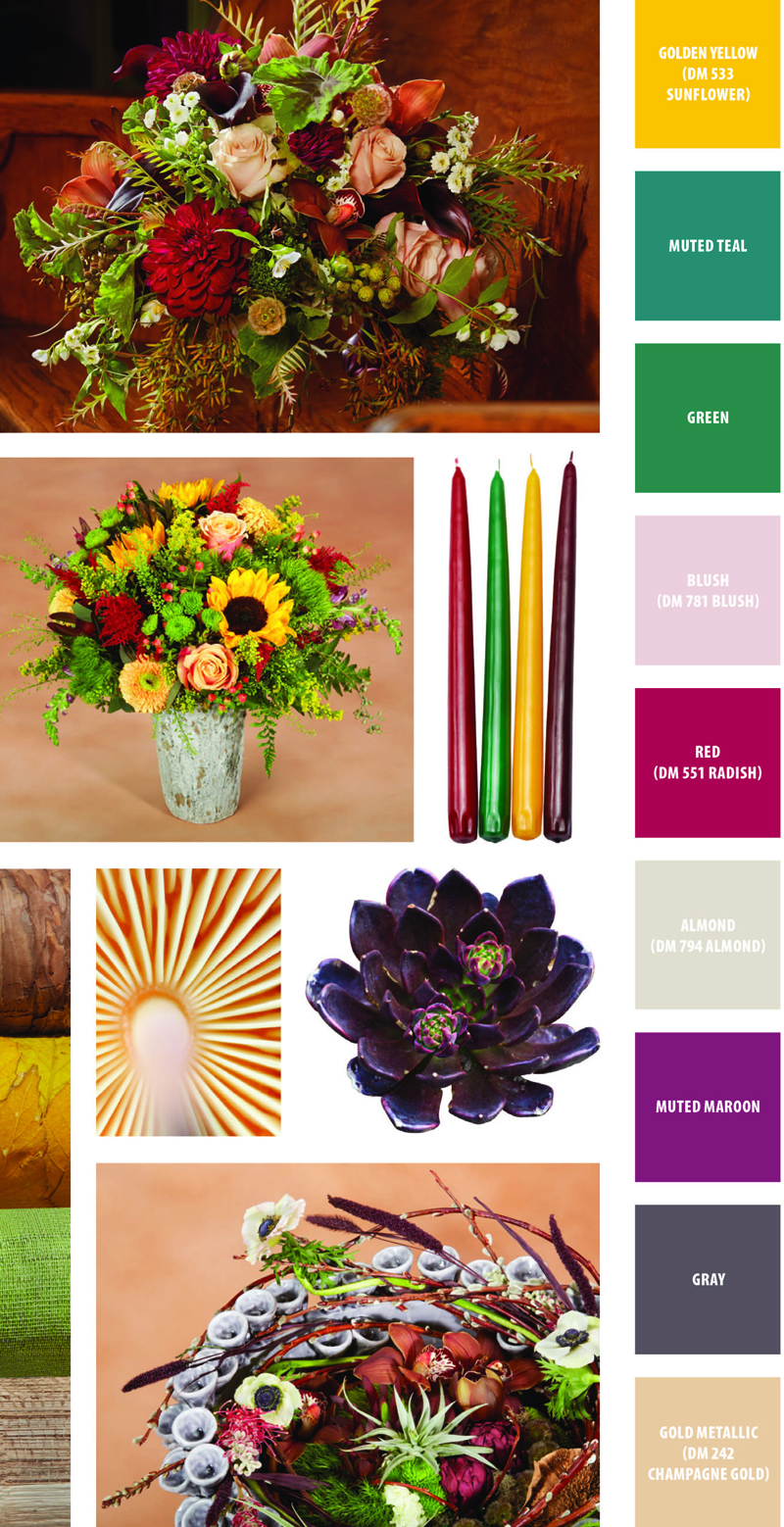 Forest Walk: Containers Flowers and Colors, Golden Yellow DM533 Sunflower, Muted Teal, Green, Blush DM781 Blush, Red DM551 Radish, Almond DM794 Almond, Muted Maroon, Gray, Gold Metallic DM242 Champagne Gold