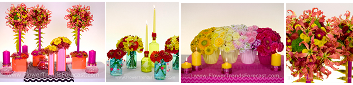 Flower Trends Forecast 2014 Confetti Flowers.  Gerbera, Green Trick Dianthus, Sunflower, Zinnia, Gloriosa Lily, Pincusion Protea