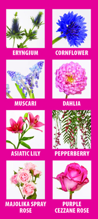 The Believer Flowers Eryngium, Cornflower, Muscari, Dahlia, Asiatic Lily, Pepperberry, Majolika Spray Rose, Purple Cezzane ROse